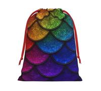 Plush Rainbow Fish Scales Christmas Drawstring Present Bags Large Size, Soft Velvet Goodie Bags With Red Ribbon Closure For Holiday Party Favors And Present Wrapping