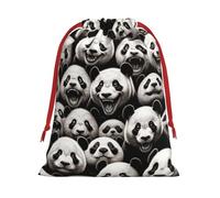 Plush Realistic-Pandas-Face-Joy Christmas Drawstring Present Bags Large Size, Soft Velvet Goodie Bags With Red Ribbon Closure For Holiday Party Favors And Present Wrapping