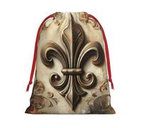 Plush Retro-Fleur-De-Lis Christmas Drawstring Present Bags Large Size, Soft Velvet Goodie Bags With Red Ribbon Closure For Holiday Party Favors And Present Wrapping