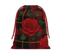 Plush Rose Tartan Pattern Christmas Drawstring Present Bags Large Size, Soft Velvet Goodie Bags With Red Ribbon Closure For Holiday Party Favors And Present Wrapping