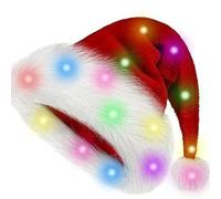 Plush Santa Hat and Red Furry Gloves with LED Lights, Light up Christmas Santa Claus Costume for Adults and Kids, Xmas New Year Party Headwear (Adult)