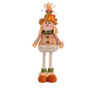 Plush Scarecrow Doll | Cute Fall Harvest Figurine - Stuffed Fabric Girl Gnome With Straw Hat, Flexible Extendable Legs, Standing Thanksgiving Decoration