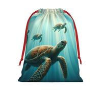 Plush Sea-Turtles-Ocean-Sunlight Christmas Drawstring Present Bags Large Size, Soft Velvet Goodie Bags With Red Ribbon Closure For Holiday Party Favors And Present Wrapping