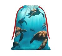 Plush Sea-Turtles-Swim-Ocean Christmas Drawstring Present Bags Large Size, Soft Velvet Goodie Bags With Red Ribbon Closure For Holiday Party Favors And Present Wrapping