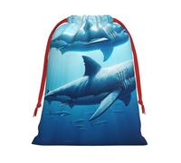 Plush Sharks-Swim-In-Ocean Christmas Drawstring Present Bags Large Size, Soft Velvet Goodie Bags With Red Ribbon Closure For Holiday Party Favors And Present Wrapping