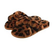 Plush Sheepskin Crossover Slippers, Fluffy House Flip Flops (Leopard, UK Footwear Size System, Adult, Women, Numeric, Medium, 5)
