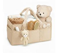 Plush Sherpa Nappy Caddy Organiser - 13 Compartments with 2 Removable Dividers, Bear Charm & Reinforced Handles, Portable Foldable for Nursery & Travel (Yellow)