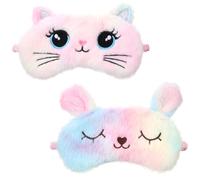 Plush Sleep Mask, 2 Pcs Cute Soft Sleeping Eye Mask Colorful Eye Covers for Sleeping Comfortable Funny Animal Night Sleep Masks for Women Home Travel Sleepover Party (Cat, Rabbit)