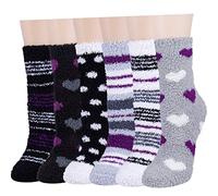 Plush Slipper Socks Women - Colorful Warm Fuzzy Crew Socks Cozy Soft for Winter Indoor, Purple Black, One size