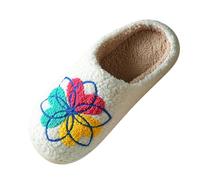 Plush Slippers Women's Flowers Closed Warm Slippers Non-Slip Winter Autumn Felt Slippers Comfortable Lightweight Casual Slippers, White, 10 UK