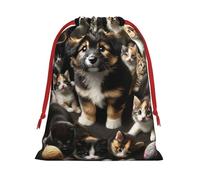 Plush Small-Cat-Dog-Knitting-Ball Christmas Drawstring Present Bags Large Size, Soft Velvet Goodie Bags With Red Ribbon Closure For Holiday Party Favors And Present Wrapping