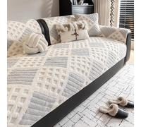 Plush Sofa Covers for Dogs Cats, Fluffy Fuzzy Sectional Anti-Slip Pet-Friendly 3D Plaid Couch Cover, Washable Faux Fur Slipcover Light-Gray 90x320cm/35.43x125.98in