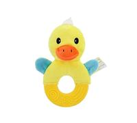 Plush Sound Pet Toy, Rubber Teething Ring for Dogs and Cats (Yellow) | Raised Ring Patterns, Built-in Crinkle Feature, Embroidered Animal Details, Rabbit Duck and Penguin Styling