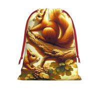Plush Squirrel-On-Tree Christmas Drawstring Present Bags Large Size, Soft Velvet Goodie Bags With Red Ribbon Closure For Holiday Party Favors And Present Wrapping