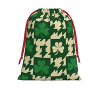 Plush St. Patrick Clover Houndstooth Christmas Drawstring Present Bags Large Size, Soft Velvet Goodie Bags With Red Ribbon Closure For Holiday Party Favors And Present Wrapping