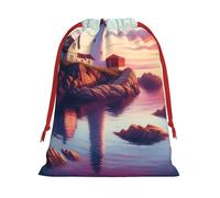 Plush Sunset-Lighthouse-Ocean Christmas Drawstring Present Bags Large Size, Soft Velvet Goodie Bags With Red Ribbon Closure For Holiday Party Favors And Present Wrapping