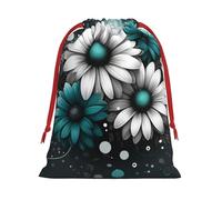 Plush Teal-Flowers-Dots Christmas Drawstring Present Bags Large Size, Soft Velvet Goodie Bags With Red Ribbon Closure For Holiday Party Favors And Present Wrapping