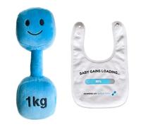 Plush Toy Dumbbell - Baby Rattle - Suitable for Newborn Babies - Very Cute Soft Baby Toy - Sensory Plush Toys for Babies Baby Gift - First Gift (Mystic Blue Gift Set - Dumbbell + “Baby Gains” Bib)