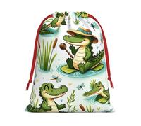 Plush Tropical-Alligator-Paradise Christmas Drawstring Present Bags Large Size, Soft Velvet Goodie Bags With Red Ribbon Closure For Holiday Party Favors And Present Wrapping