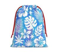 Plush Tropical Floral Plant Pattern Christmas Drawstring Present Bags Large Size, Soft Velvet Goodie Bags With Red Ribbon Closure For Holiday Party Favors And Present Wrapping