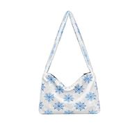 Plush Underarm Bag Women's Tote Handbags Ladies Fluffy Purse Shoulder Bag for Winter Blue Simple Snowflake On The White