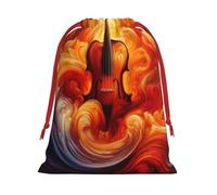 Plush Violin-Swirling-Flames Christmas Drawstring Present Bags Large Size, Soft Velvet Goodie Bags With Red Ribbon Closure For Holiday Party Favors And Present Wrapping