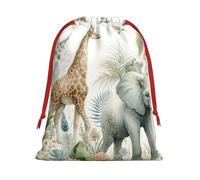 Plush Watercolor-African-Wildlife Christmas Drawstring Present Bags Large Size, Soft Velvet Goodie Bags With Red Ribbon Closure For Holiday Party Favors And Present Wrapping