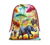 Plush Watercolor-Elephants-In-African Christmas Drawstring Present Bags Large Size, Soft Velvet Goodie Bags With Red Ribbon Closure For Holiday Party Favors And Present Wrapping