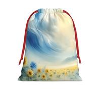 Plush Watercolor-Powerful-Sunflowers Christmas Drawstring Present Bags Large Size, Soft Velvet Goodie Bags With Red Ribbon Closure For Holiday Party Favors And Present Wrapping