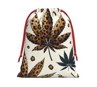Plush Weed-Leaf-Leopard-Print Christmas Drawstring Present Bags Large Size, Soft Velvet Goodie Bags With Red Ribbon Closure For Holiday Party Favors And Present Wrapping