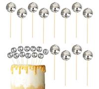 PLUSHCEWT 12 Pcs Mini Disco Ball Cake Decorations,2cm Shiny Silver Disco Ball Cake Toppers with Wooden Sticks for 70s Disco Theme Party,Wedding Birthday & Celebration Cakes
