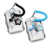 PLUSHCEWT 2 PCS Photocard Holder Keychain, Clear Silicone ID Card Holder with Retractable Spring Lanyard, Star and Bell Charm for Students, Staff and Teacher (Black, Blue)