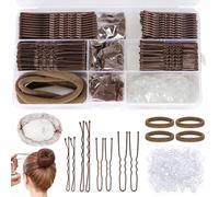 PLUSHCEWT 385 Pcs Bobby Pins and Hair Grips Set - Brown Hair Styling Accessories Kit with 150 U Shaped Hair Pins,125 Bobby Hair Grips,100 Clear Elastic Hair Bands,6 Bun Nets,4 Scrunchies,Storage Box