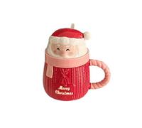 PLUSHCEWT Christmas Coffee Mug, Ceramic Tea Mug, Cute Christmas Mug with Lid and Spoon, Red, 400ml (Pink)