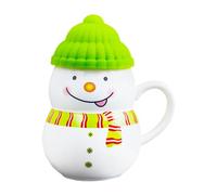 PLUSHCEWT Christmas Coffee Mug, Snowman-Shaped Ceramic Teacup with Soft Plastic Lid Made of C Material in The Same Colour, 400ml (Green)