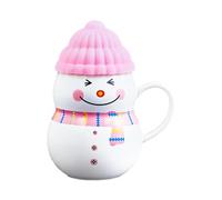 PLUSHCEWT Christmas Coffee Mug, Snowman-Shaped Ceramic Teacup with Soft Plastic Lid Made of C Material in The Same Colour, 400ml (Pink)
