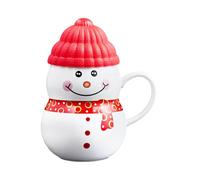 PLUSHCEWT Christmas Coffee Mug, Snowman-Shaped Ceramic Teacup with Soft Plastic Lid Made of C Material in The Same Colour, 400ml (Red)