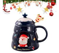 PLUSHCEWT Christmas Coffee Mug with Spoon 400ml Ceramic Christmas Tree Coffee Cup with Lid Festival Santa Reindeer Cute Xmas Tree Mugs Tea Cups for Parents and Friends for Holiday Christmas Party (B)