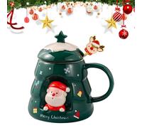 PLUSHCEWT Christmas Coffee Mug with Spoon 400ml Ceramic Christmas Tree Coffee Cup with Lid Festival Santa Reindeer Cute Xmas Tree Mugs Tea Cups for Parents and Friends for Holiday Christmas Party (A)