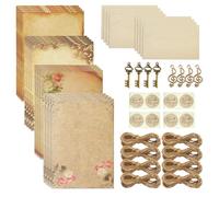 PLUSHCEWT Vintage Kraft Letter Writing Set of 4, with 16 Sheets Letter Paper, 8 Envelopes, 8 Stickers, 8m Hemp Rope & Charms for Love Letters, Weddings, Birthdays, Gifts