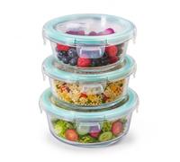 Plushé Haven Round Glass Food Containers with Lids, 3-Pack, 1.805L | Includes 325ml, 600ml and 880ml round glass bowls with snap-lock lids, silicone seals and integrated vent valves.