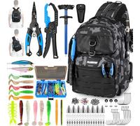 PLUSINNO Fishing Backpack with Fishing Gear, Waterproof tackle Backpack with Rod Holders, Tackle Box, Lures, Tools, Pliers & Accessories, Fish Gifts for Men