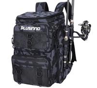 PLUSINNO Fishing Backpack with Rod Holders, 42L Large Water-Resistant Tackle Bag for Fishing, Camping, Hiking, Gifts - Black Camo