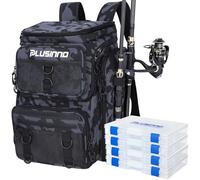 PLUSINNO Fishing Backpack with Rod Holders, 42L Water-Resistant Tackle Bag with 4 Tackle Boxes, Camping, Hiking, Gifts for Men - Black Camo