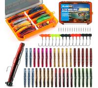 PLUSINNO Ned Worms Bass Fishing Lure Kit, 65PCS Ned Rig Worms Kit with Tackle Box, Soft Plastic Fishing Baits with Ned Rig Jig Heads, Widely for Panfish, Perch, Trout, Pike, Fishing Gifts for Men