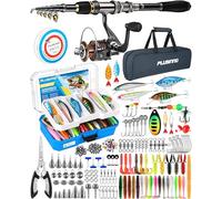 PLUSINNO Telescopic Folding Fishing Rod and Reel Set with Box 373 Pieces Travel Starter Kit Trout Bass Fishing Accessories Gifts for Men