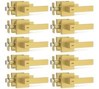 Plustool 10 Pack Brushed Gold Door Handles, Interior Door Knob Heavy Duty, Flat Square Privacy Door Locks, Keyless Door Leverset for Bedroom and Bathroom