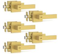 Plustool 5 Pack Brushed Gold Door Handles, Interior Door Knob Heavy Duty, Flat Square Privacy Door Locks, Keyless Door Leverset for Bedroom and Bathroom