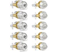 Plustool 5 Pack Entry Door Lock and Single Cylinder Deadbolt Combo Set, Keyed Alike Satin Nickel Exterior Door Knobs with Lock&Keys, Round Ball Door Locksets with Deadbolt for Entrance and Front Door