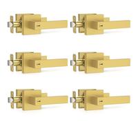 Plustool 6 Pack Brushed Gold Door Handles, Interior Door Knob Heavy Duty, Flat Square Privacy Door Locks, Keyless Door Leverset for Bedroom and Bathroom